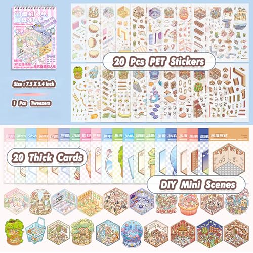 3D Sticker Scene Book 20 Sets 3D House Stickers Therapy DIY Stickers Miniature Cozy Room Sticker Scenes for Adults Relief Stress Funny Gift for Holiday (Pink 2)