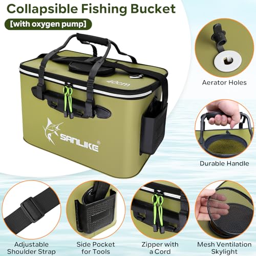 SANLIKE Foldable Live Fish Bucket, EVA Fishing Bait Bucket, 35/40/45CM Collapsible Fish Container, Leakproof Livewell for Kayak Boat Bank Fishing, Black/Army Green - color: Green-40cm
