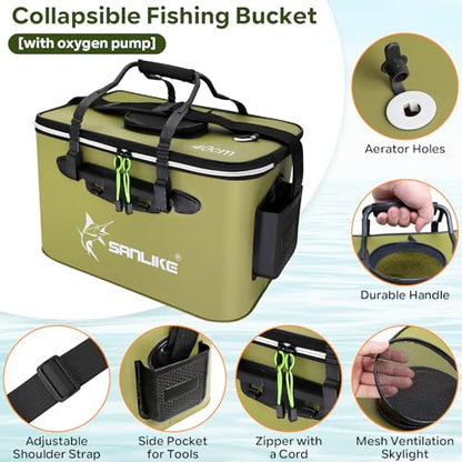 SANLIKE Foldable Live Fish Bucket, EVA Fishing Bait Bucket, 35/40/45CM Collapsible Fish Container, Leakproof Livewell for Kayak Boat Bank Fishing, Black/Army Green - color: Green-40cm