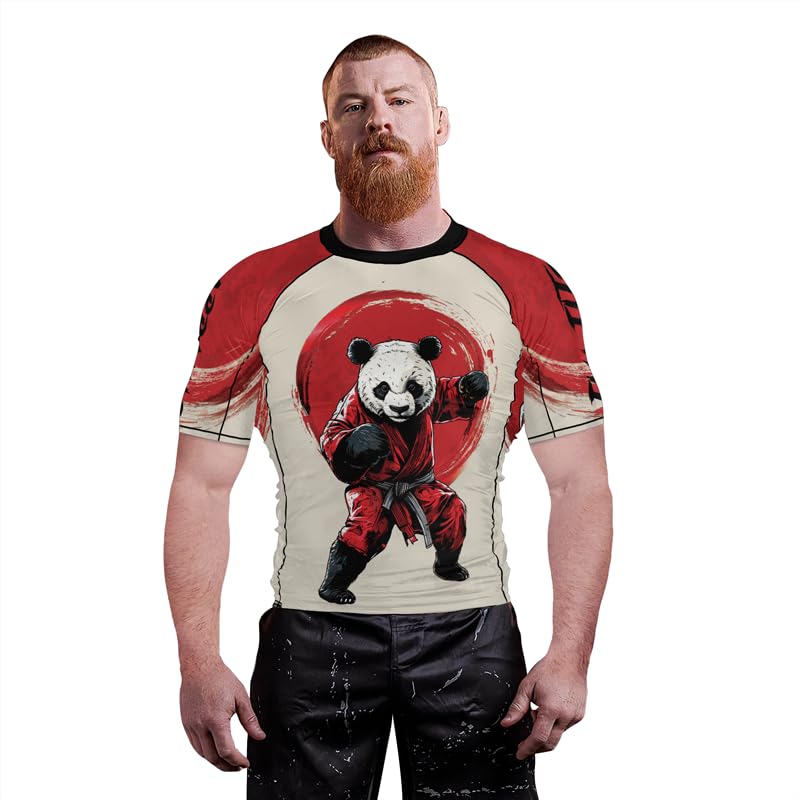 Panda Fighter Men's Short Sleeve Compression Rash Guard MMA Jiu Jitsu BJJ Grappling Base Layer Combat Shirt - color: V1, size: Small