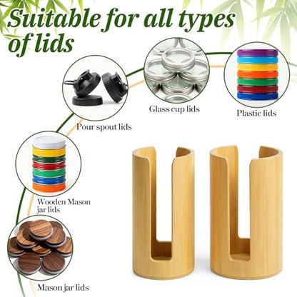 2 Pcs Mason Jar Lid Organizer, 2 Size Bamboo Mason Jar Lids Storage, Vertical Masons Jars Lid Storage, Bamboo Cup Lids Organizer, Stackable Steady for Kitchen Countertop Cupboard