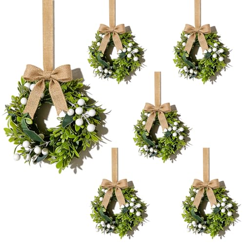 6 Pcs Small Boxwood Hanging Wreaths for Cabinets Artificial Greenery Mini Candle Ring Wreath with White Berries and Burlap Bow Ribbon for Home Kitchen Front Door Window Wall Wedding Farmhouse Decor - color: Buxus Leaf