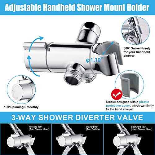 Metal Shower Diverter Valve with Hand Shower Holder, Full Flow Shower Arm Diverter for Hand Held Showerhead and Fixed Spray Head, G 1/2 3-Way Universal Shower System Replacement Part Uvish
