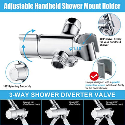 Metal Shower Diverter Valve with Hand Shower Holder, Full Flow Shower Arm Diverter for Hand Held Showerhead and Fixed Spray Head, G 1/2 3-Way Universal Shower System Replacement Part Uvish
