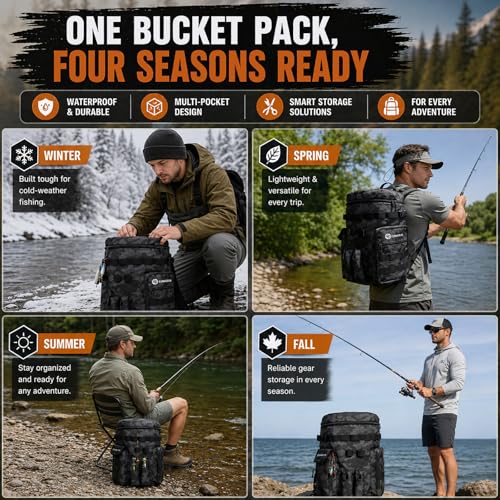 Fishing Bucket Organizer for 5 Gallon Bucket, Fishing Tackle Bag with Backpack Straps, Detachable Lid & Multi-Pockets for Storage, Full Water-Resistant (Bucket, Seat & Tools Not Included) - style: Basic (Bucket, Seat & Tools Not Included)