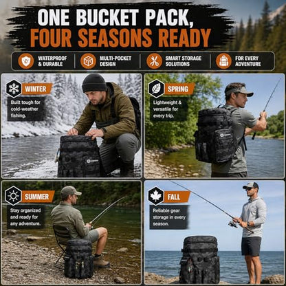 Fishing Bucket Organizer for 5 Gallon Bucket, Fishing Tackle Bag with Backpack Straps, Detachable Lid & Multi-Pockets for Storage, Full Water-Resistant (Bucket, Seat & Tools Not Included) - style: Basic (Bucket, Seat & Tools Not Included)