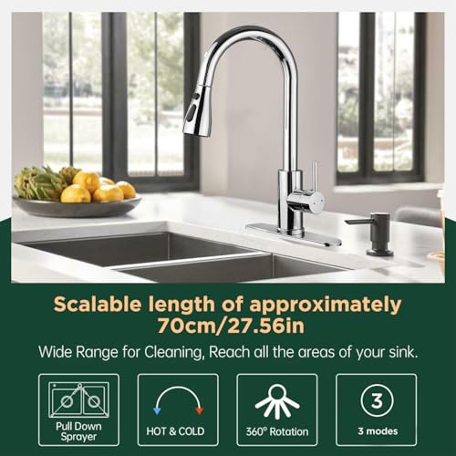 Kitchen Faucet with Pull Down Sprayer，Stainless Steel Single Handle Kitchen Faucet，1/3 Hole, Deck Plate Included，Suitable for farmhouses, Campers, Laundry Rooms, RVs, and Bars (Chrome)