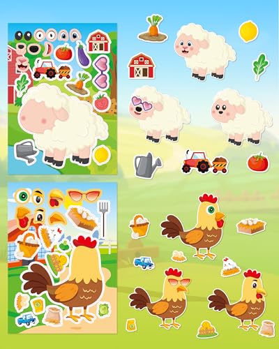 48 Sheets Farm Animal Make‑a‑Face Stickers for Kids & Toddlers – 12 Unique Mix‑and‑Match Designs – Farm Party Favors, Birthday Supplies, Activities & Crafts - style: Farm Fun
