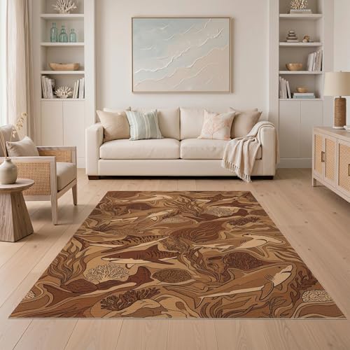 5'x7' Washable Contemporary Fish Area Rug, Brown Non-Shedding Pet Friendly Carpet for Small Living Room, Playroom, Bedroom, Easy Care Kids Safe Mat | Ref:2067561 - color: Brown/Pattern 23, size: 5' x 7' (Rectangular)