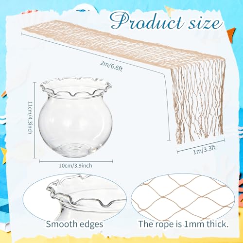 SATINIOR Mini Plastic Fish Bowl with Fish Net Decor, 6 Small 0.18 Gallon Lace Bubble Bowl Pair with 6 Fishnet, for Ocean-Themed Aquarium Hawaiian Parties Banquets Mediterranean Style