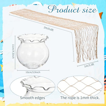 SATINIOR Mini Plastic Fish Bowl with Fish Net Decor, 6 Small 0.18 Gallon Lace Bubble Bowl Pair with 6 Fishnet, for Ocean-Themed Aquarium Hawaiian Parties Banquets Mediterranean Style