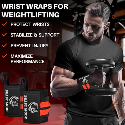 Elastic Cotton Weightlifting Wrist Wraps with Thumb Loops, 1 Pair - color: Black and Red, style: 12" – Beast Mode