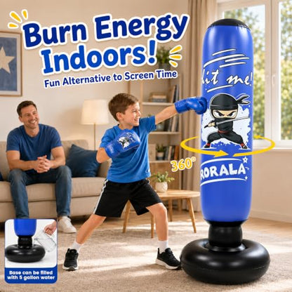 RORALA Inflatable Punching Bag for Kids with Boxing Gloves and Manual Air Pump, 66 Inch Children's Boxing Bag Set for Boys and Girls Gift Aged 3 to 12 to Practice Karate, Taekwondo