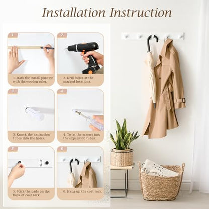Coat Rack Wall Mount, Wooden Coat Hanger, White, 1 Pcs - color: White