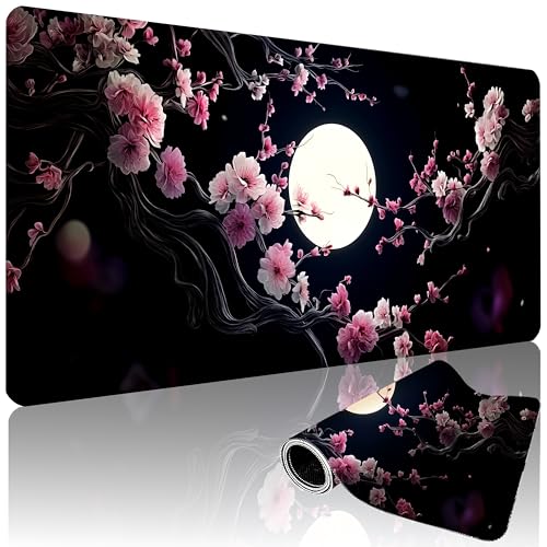 XXL Gaming Mouse Pad 35.4 x 15.7 Inch, Large Extended Desk Mousepad with Cherry Blossom Moon Design, Water-Resistant Surface, Stitched Edges, Non-Slip Rubber Base Desk Mat - color: Cherry Blossom Moon