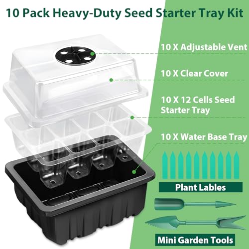 10 Pack Seed Starter Tray Kit, 120 Cells Seedling Starter Trays with Humidity Dome and Base Greenhouse Growing Trays, Reusable Seedling Tray with Garden Tools Labels (Black) - color: Black, size: 10 pack