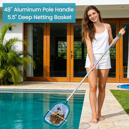 Pool Skimmer Net with Adjustable 48" Aluminum Pole, Fine Mesh Medium-Depth Net for Above Ground Pools, Ponds, Hot Tubs, Spas and Fountains for Leaf and Debris Removal - size: 5ft pool skimmer with pole