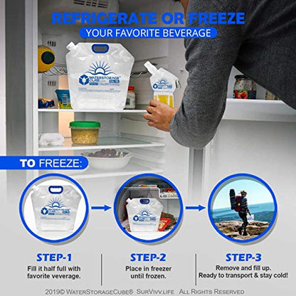 WaterStorageCube Premium Collapsible Water Container Bag, BPA Free Food Grade Clear Plastic Storage Jug for Camping Hiking Backpack Emergency, No-Leak Freezable Foldable Water Bottle 1.3/2.6 Gallon - size: 1.3 Gallon, style: 4-Pack