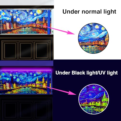 72X24IN Blacklight Vincent Van Gogh Black Light Aquarium Background, UV Fish Tank Background Art Oil Painting Terrarium Background with 10 EVA Double-Sided Tape - size: 72X24in/180X60cm
