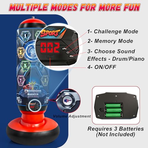 Kids Punching Bag with Gloves & Pump, Inflatable Boxing Set Electronic Boxing Bag with Music & Lights, Freestanding Martial Arts Toy with 4 Smart Game Modes, Birthday Gift for Boys and Girls Ages 4-12