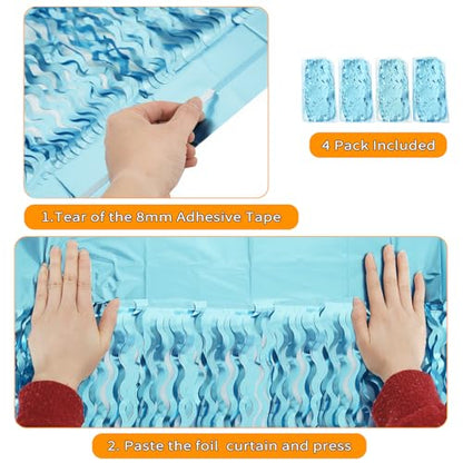 4 Pack Wavy Blue Foil Fringe Curtain 3.3x6.6 Feet | Blue Streamers Tinsel Backdrop for Under The Sea Party Decorations | Ocean Backdrop | Mermaid Birthday Decorations