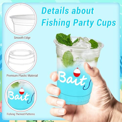 50Pcs Fishing Party Cups, 12oz Fishing Plastic Cups for Fishing Birthday Wedding Favors Bridal Supplies Baby Shower Tea Party Decorations