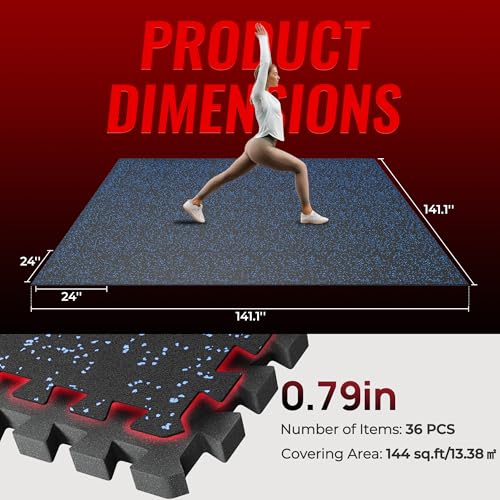 SUPERJARE 0.79'' Extra-Thick 36 Pcs 144 Sq Ft Exercise Equipment Mats - color: Black/Blue, size: 36 Tiles (144 Sq Ft)