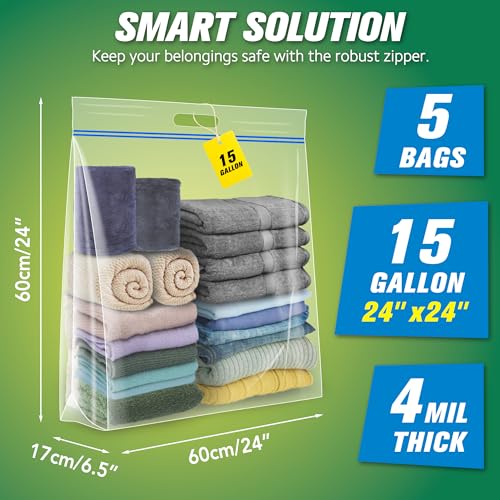 HIBAG 15 Gallon Large Storage Bags, 24” x 24” Resealable Clear Bags with Handle, Extra Large XL Heavy Duty for Clothes Pillow Travel Moving, Pack of 5 - size: 15 gal - 5 pack