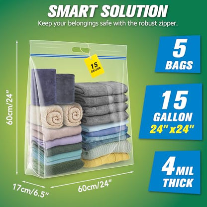 HIBAG 15 Gallon Large Storage Bags, 24” x 24” Resealable Clear Bags with Handle, Extra Large XL Heavy Duty for Clothes Pillow Travel Moving, Pack of 5 - size: 15 gal - 5 pack