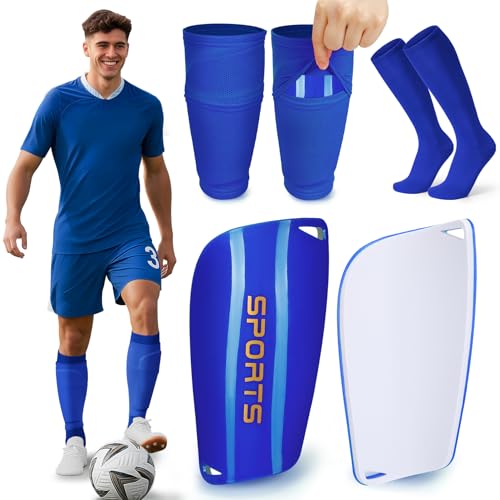XZQTIVE Soccer Shin Guards with Shin Sleeves and Soccer Socks, Football Shin Pads Set for Kids Youth and Adult - color: blue, size: L(Youth/Adult)