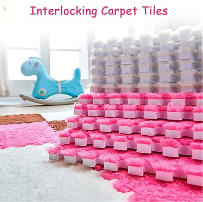 12 Pieces Thickened Plush Foam Interlocking Floor Mat,Fluffy Square Foam Tiles with 12 Edgings,Soft Anti-Slip Puzzle Area Rug Playmat for Bedroom,12X12inch,12 Tiles/11.6 Sq.Ft,Coffee+g Purple+White - color: Coffee+g Purple+white