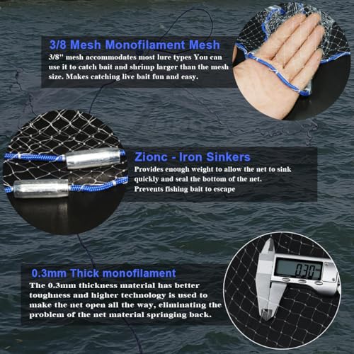 Saltwater American Fishing Cast Net 3/8inch Mesh Size for Bait Shrimp Trap Fish Heavy Duty Sinkers Throw Net 3FT/4FT/5FT/6FT/7FT/8FT/9FT/10FT Radius