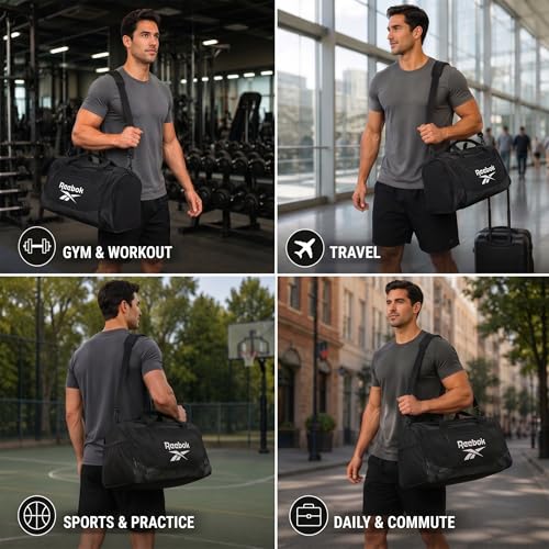 Reebok Lightweight Unisex Carry On Gym Duffle Bag for Men & Women, Sports - color: Cade - Black/White