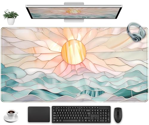 Desk Mat Gaming Desk Pad Large Mouse and Keyboard Pad, Abstract Serene Ocean Sunrise Mouse Mat XXL, Pastel Desk Protector Mat Computer Mats for Desktop Sun & Waves Office Decor 31.5" x 15.7" - color: Faux Stained Glass