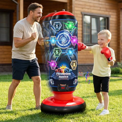 Kids Punching Bag with Gloves & Pump, Inflatable Boxing Set Electronic Boxing Bag with Music & Lights, Freestanding Martial Arts Toy with 4 Smart Game Modes, Birthday Gift for Boys and Girls Ages 4-12