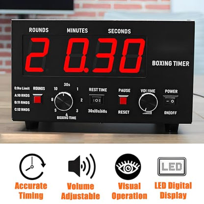 Classic Boxing Interval Timer with LED Display, 1-12 Rounds, Adjustable Buzzer, 30 Sec to 10 Min Workouts, 0/30/60 Sec Rest, Perfect for Fitness Training - color: Blue