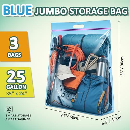 25 Gallon 4 Mil Thick Clear Zipper Storage Bags with Handles, 3 Packs 24"x35" Heavy Duty for Clothing, Pillows, Travel, and Moving, Blue