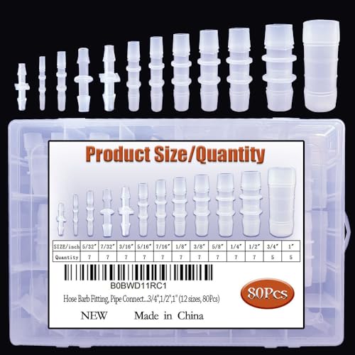 80Pcs Hose Barb Fitting, Pipe Connector Joint Splicer Mender Adapter Union for Aquarium Adapter Gas Liquid Air, for Hose ID 5/32",7/32",3/16",5/16",7/16",1/8",3/8",5/8",1/4", 3/4", 1/2",1" (12 sizes)