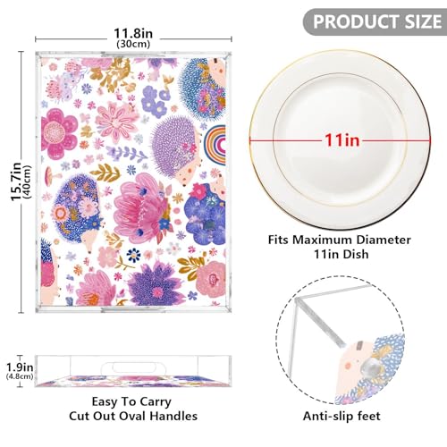 Acrylic Tray Clear Serving Vanity Ottoman Bathroom Coffee Table Countertop Organizer Raised Edge Spill Proof Hedgehog and Floral Pink - color: Hedgehog and Floral Pink