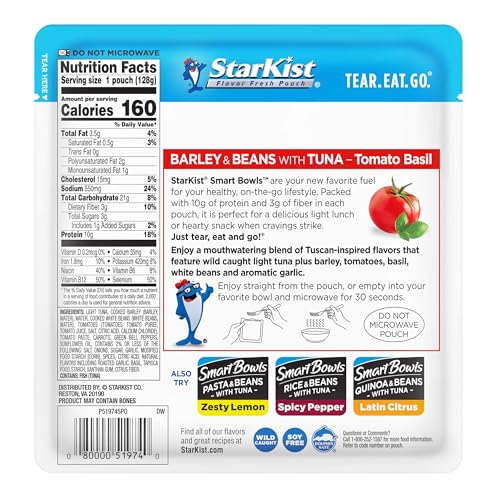 StarKist Smart Bowls Tomato Basil, 4.5 oz Pouch (Pack of 12) - Features Barley & Beans with Wild Caught Light Tuna