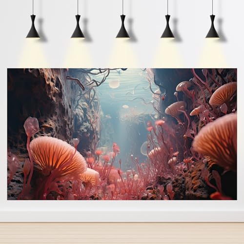 Coral Reef Aquarium Background Underwater World Rock Cave Style Terrarium Backdrop Fantasy Under Sea Coral Fish Tank Background Cave Landscape Tank Wallpaper Poster Vinyl 36x18in