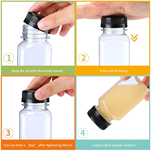Nuogo 36 Pack 5 oz Plastic Juice Bottles Bulk with Lids Reusable Transparent Clear Drink Containers Caps Mini Bulk Beverage Water Bottle with Funnel and Brush for Juicing Milk Drinking(Black Lid) - color: Black Lid