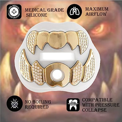 LeCool Football Mouth Guard with Connected Strap- 3D Beast Chrome Adult and Youth Mouth Guard-Mouth Piece for Sports for Maximum Air Flow and Teeth Protection - color: White