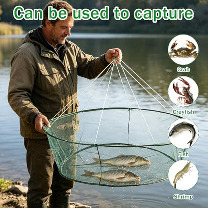 2PCS Fishing Bait Trap and 2 PCS Foldable Fishing Net Lobster Shrimp Collapsible Cast Net Nylon Minnow Trap with Rope Drop Net for Pier Fishing Portable Folded Fishing Accessories