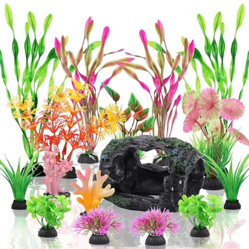 Broken Barrel Fish Tank Decor, 16pcs Fish Tank Accessories Artificial Plants Aquarium Ornaments for Fish Cave Hide - Resin Barrel x1pcs, Coral x2pcs, Aquarium Plastic Plants x13pcs
