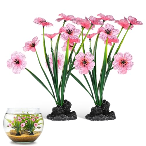 Veemoon 2 Pcs Pink Aquarium Artificial Plants, 7.47 Inch Tall Fake Lotus Flower Decor, Plastic Betta Fish Tank Desktop Bowl Accessories