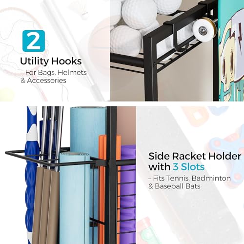 Sports Equipment Storage Rack with Wheels, 3-Tier Ball Organizer - size: 31" Wide