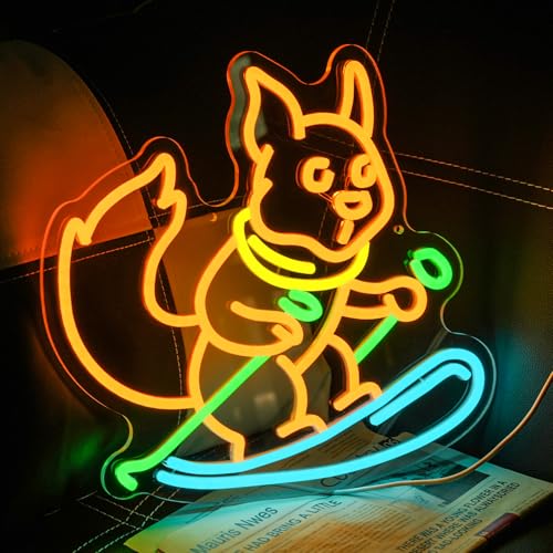 Squirrel Skiing Neon Sign for Wall Decor, Animal Snow Skiing Neon Signs Light, USB Powered Orange Squirrel Led Light Up Sign for Bedroom Pet Store Ski Area Decoration - style: Squirrel Skiing