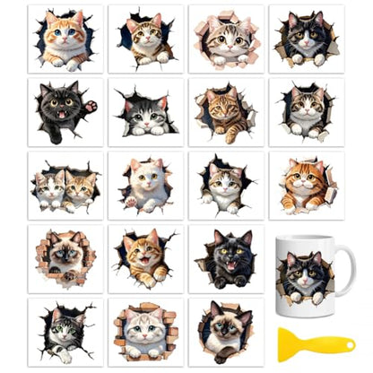 Peacoblue 18 Sheets Rub on Transfers for Crafts, Peeping and Probe Cat 3.6"x3.9" UV DTF Cup Wraps Waterproof Rub on Cold Transfers Stickers for Wood Glass Metal Cup Tumblers Mirrors Mugs Home Decor - style: Peeping and Probe Cat