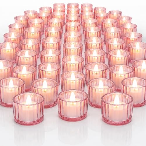 100 Pcs Glass Tealight Candle Holder Ribbed Votive Candle Holder for Centerpiece Wedding Proposal Spa Aromatherapy Meditation Home Decor (Pink) - color: Pink